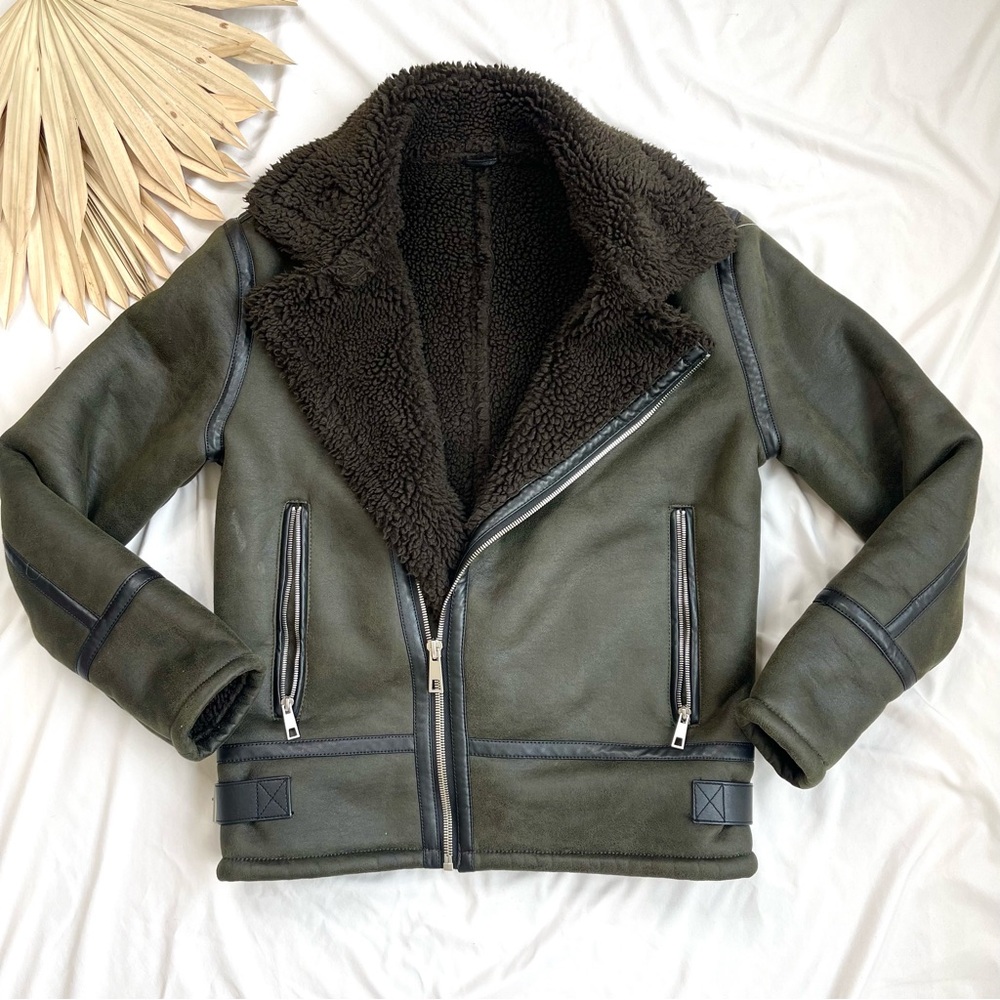 Zara Double Faced Green Aviator Faux Suede Sherpa Blogger Favorite Jacket